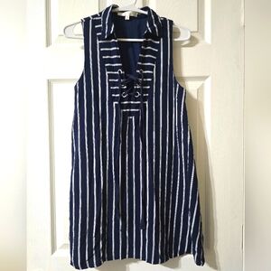 J.O.A Nautical Striped Collared Shirt Dress/Tunic, Lace-Up Neckline, Size Small.